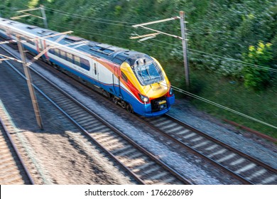 ST ALBANS, UK - JUNE 13, 2020: British East Midlands Train In Motion On The Railway