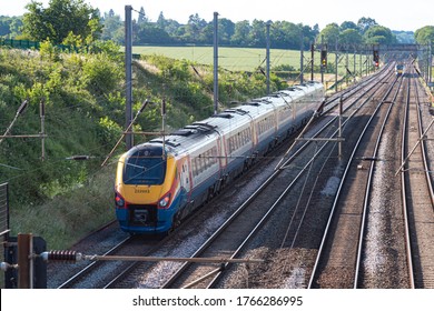 ST ALBANS, UK - JUNE 13, 2020: British East Midlands Train In Motion On The Railway