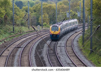 ST ALBANS, UK - MAY 2, 2017: British East Midlands Train In Motion On The Railway