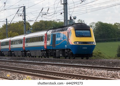 ST ALBANS, UK - MAY 2, 2017: Diesel Powered East Midlands Train In Motion On The Railway