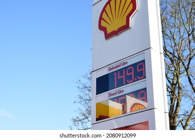 St Albans, UK November 25 2021 - A Petrol Station Forecourt Displays The Current Cost Of Fuel Per Litre