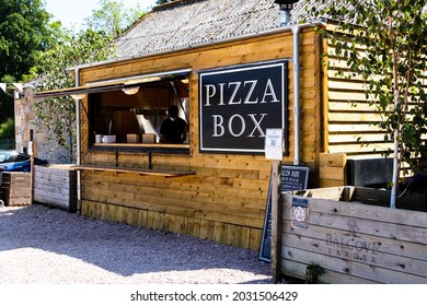 St Andrews, Fife Scotland UK – 07 25 2021: Pizza Box, wooden outside eating kiosk at Balcove Larder farm shop and cafe Strathtyrum Farm, Strathtyrum, St Andrews KY16 9SF