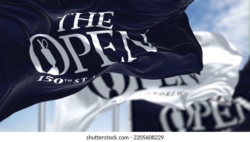 St Andrews, Scotland, June 2022: Three Flags With The Logo Of The 150th The Open Golf Championship Are Waving In The Wind. The Open Is A Golf Tournament To Be Played 14–17 July In St Andrews, Scotland