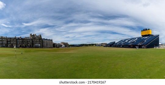 St. Andrews, United Kingdom - 22 June, 2022: Panorama View Of The 18th Hole At The Old Course In St. Andrew With Stands For The 150th Open Championship Golf Tournament