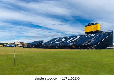 St. Andrews, United Kingdom - 22 June, 2022: View Of The 18th Hole At The Old Course In St. Andrew With Stands For The 150th Open Championship Golf Tournament