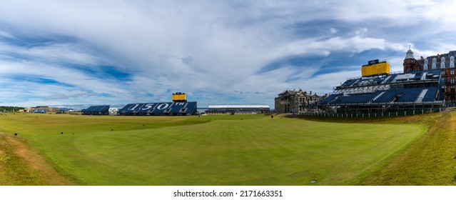 St. Andrews, United Kingdom - 22 June, 2022: Panorama View Of The 18th Hole At The Old Course In St. Andrew With Stands For The 150th Open Championship Golf Tournament