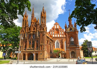 St. Anne's Church (Lithuanian: Sv. Onos baznycia) on fgnd and Church of St. Francis and St. Bernard (aka Bernardine Church) on bkgd. Famous Roman Catholic churches in Vilnius Old Town, Lithuania - Shutterstock ID 2191103085