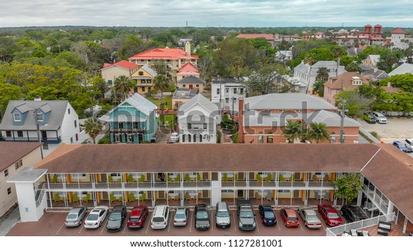 ST AUGUSTINE,\
FL - APRIL 9, 2018: Aerial skyline of St Augustine. The city\
attracts 3 million tourists\
annually