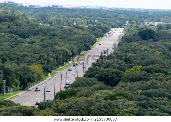 St Augustine, FL - Sep 9 2021: An\
areal view of a four lane street with a center turn\
lane