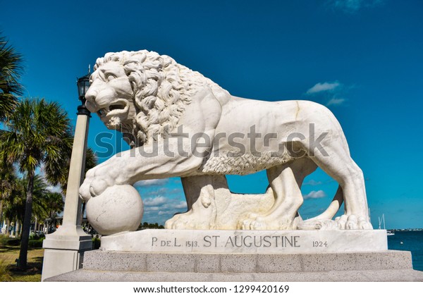 St. Augustine, Florida.\
January 25 , 2019. St. Augustine, Florida. January 26 , 2019 . Lion\
on Bridge of Lions built in 1924 at Old Town in Florida\'s Historic\
Coast