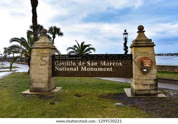 St.\
Augustine, Florida. January 26 , 2019 . Castillo de San Marcos\
Monument Sign at Old Town in Florida\'s\
Historic