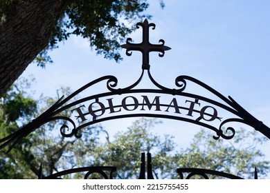 St. Augustine, Florida USA- December 12, 2021: Tolamato Cemetary Gate Frame