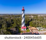 St. Augustine Lighthouse aerial view. This light is a National Historic Landmark on Anastasia Island in St. Augustine, Florida FL, USA.
