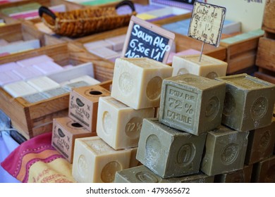 St AYGULF, VAR, PROVENCE, FRANCE, AUGUST 26 2016: Blocks Of Home Made Artisan Soap On A Provencal Market Stall In The South Of France