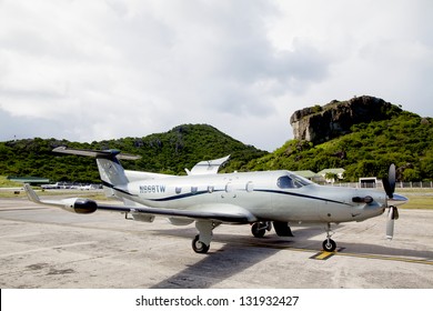 ST. BARTHS, FRENCH WEST INDIES -NOVEMBER 5: Tradewind Aviation Pilatus PC-12s aircraft ready to take off on November 5, 2012 at St Barths airport. It is private and executive charter to San Juan.