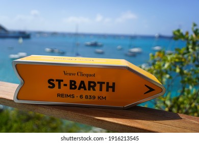 ST BARTS, FRENCH WEST INDIES - FEBRUARY 5, 2021: Saint Barth Arrow Tin Gift Box Veuve Clicquot Champagne on the island of Saint Barthelemy, Caribbean island commonly known as St. Barts