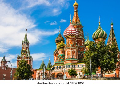 St. Basil's Cathedral in Moscow, an old cathedral near the Moscow Kremlin. Kremlin and Spasskaya tower - Shutterstock ID 1478820809