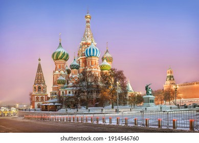 St. Basil's Cathedral on Red Square in Moscow in the light of lanterns on a winter morning