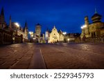 St Michael’s Bridge Nicholas Church Ghent Belgium. The view from Saint Michael’s Bridge to Nicholas church and town hall in the evening. Ghent, Belgium.

                               