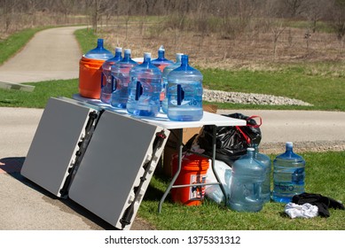 St. Charles, Illinois - April 20th, 2019: A Hydration And Waste Station In The Leroy Oaks Nature Preserve. This Was Left In Place Along The Route For The Sly Fox Half Madness 10k Run.