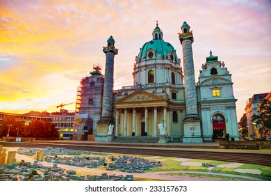 St. Charles's Church (Karlskirche) in Vienna, Austria at sunrise