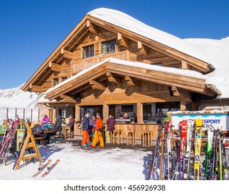 ST. CHRISTOPH, AUSTRIA - JANUARY 21, 2016 : Unidentified  Skiers At Outdoor Restaurant For Apres Ski In St. Christoph, Austria.