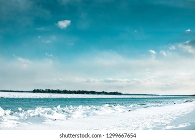 St. Clair River With Ice And Blue Water