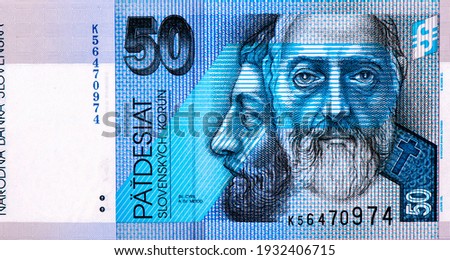St. Cyril and St. Method, the first Slav missionaries, Portrait from Slovakia 50 Korun 2005 Banknotes.