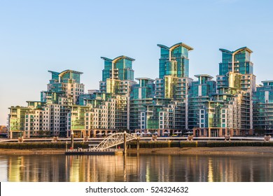 St George Wharf Pier and the exterior of a riverside development in Vauxhall, London