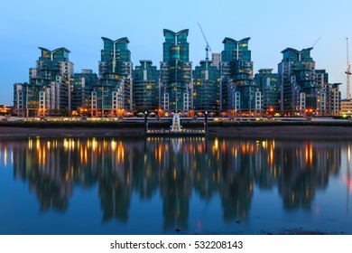 St George Wharf Pier and the exterior of a riverside development in Vauxhall, London