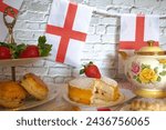 St Georges day  afternoon tea celebrations  English flag  strawberries and  cream  scones  english tea  vintage tea party 