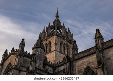 St Giles Cathedral tower with medieval crown steeple in Edinburgh, Scotland, UK. Gothic architecture of the High Kirk of Edinburgh, parish church of the Church of Scotland.