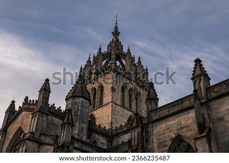 St Giles Cathedral tower with medieval crown steeple in Edinburgh, Scotland, UK. Gothic architecture of the High Kirk of Edinburgh, parish church of the Church of Scotland.