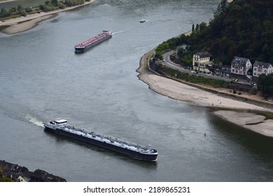 St. Goar, Germany - 08 04 2022: Cargo Ship Convoy Leaving The Loreley Passage To The North