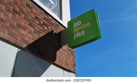 St Helens Merseyside UK 08 06 22 Job Centre Plus Green Square Sign Attached To The Outside Wall Of The Government Department Office Building With Copy Space.