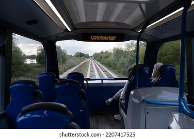 ST. IVES, UK - SEPTEMER 10 2022: View Through The Top Window Of A Cambridgeshire Double-decker Bus From The Guided Busway. The Route Tracks (focus) Are Clearly Visible. Focus On Oncoming Bus