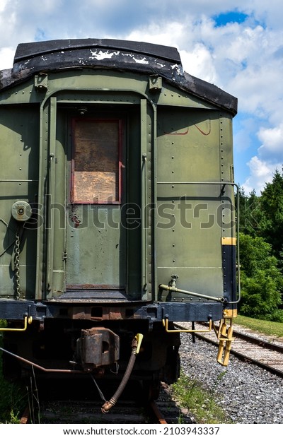 St. Jacobs, ON Canada - July 31, 2017: Close up\
of an old abandoned train\
car