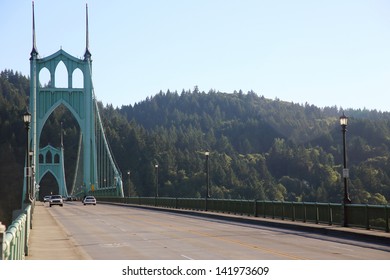 St. John Bridge In Portland, Oregon, On A Sunny Day.