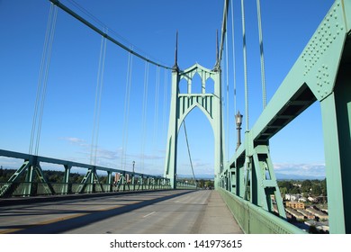 St. John Bridge In Portland, Oregon, On A Sunny Day.