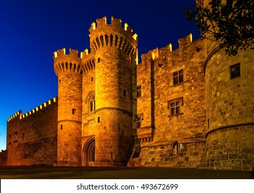 St John Knights Castle In The Night At Rhodes Island, Greece