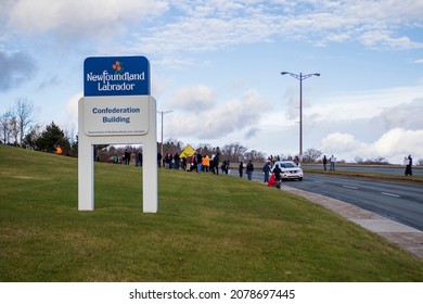 ST. JOHN'S, NEWFOUNDLAND AND LABRADOR, CANADA – NOVEMBER 20, 2021.  Citizens Protesting Vaccine Mandates For COVID At The House Of Assembly, Taken On November 20, 2021, In St. John's.