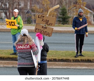 ST. JOHN'S, NEWFOUNDLAND AND LABRADOR, CANADA – NOVEMBER 20, 2021.  Citizens Protesting Vaccine Mandates For COVID At The House Of Assembly, Taken On November 20, 2021, In St. John's.