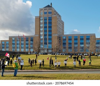 ST. JOHN'S, NEWFOUNDLAND AND LABRADOR, CANADA – NOVEMBER 20, 2021.  Citizens Protesting Vaccine Mandates For COVID At The House Of Assembly, Taken On November 20, 2021, In St. John's.