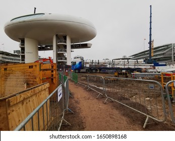 St John's Wood, London / UK -February 20 2020:  WS  Transportation Semi Truck Delivering White Painted Steel Sections For The New Stadium Stands At Lords Cricket Ground In London. 