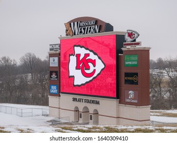 St. Joseph, MO / United States Of America - January 31st, 2020 : Spratt Stadium Scoreboard Displaying KC Chiefs Logo On Missouri Western State University Campus, Chiefs Spring Training Grounds.