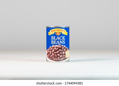 St. Joseph, MO / United States Of America - May 29th, 2020 : Mrs. Grimes Canned Black Beans, Isolated On Gray Background.  Canned Grocery Food With Room For Text.