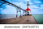 St Joseph North Pier Inner Lighthouse, iconic navigational architecture on a breakwater with an elevated catwalk at Tiscornia Park, in St. Joseph, Benton Harbor area, Michigan, USA