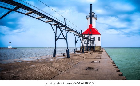 St Joseph North Pier Inner Lighthouse, iconic navigational architecture on a breakwater with an elevated catwalk at Tiscornia Park, in St. Joseph, Benton Harbor area, Michigan, USA