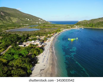 ST KITTS, ST KITTS AND NEVIS -21 NOV 2018- Aerial panoramic view of Christopher Harbor and the Caribbean Sea, Saint Kitts, over Reggae Beach.