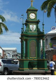 ST. KITTS, WEST INDIES—MARCH 2017: Close up of the Berkeley Memorial, a drinking fountain and a clock right in the center of the Circus in Basseterre, St. Kitts. 